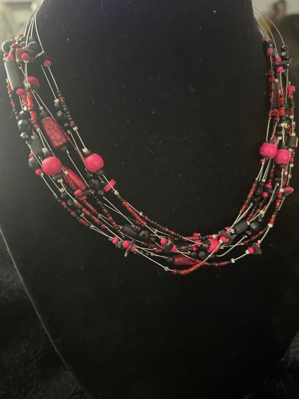 Multi-Strand Pink and Black Beaded Necklace - Women's Jewelry